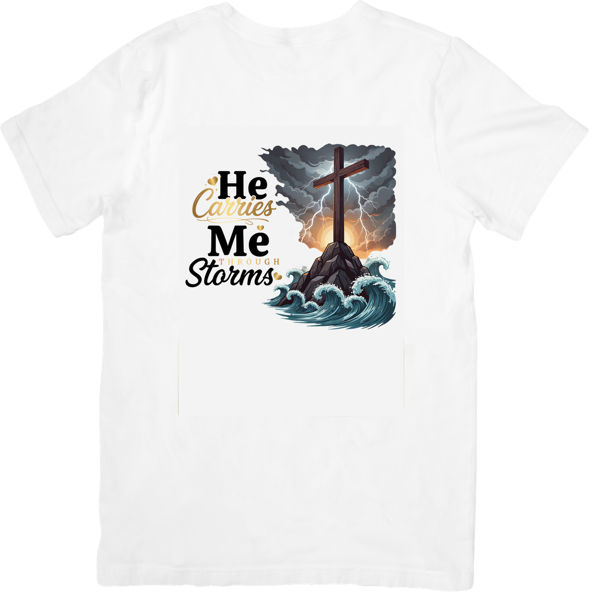 He Carries Me Through Storms T-Shirt | Faith Cross Ocean Graphic Tee | Christian Faith Gift