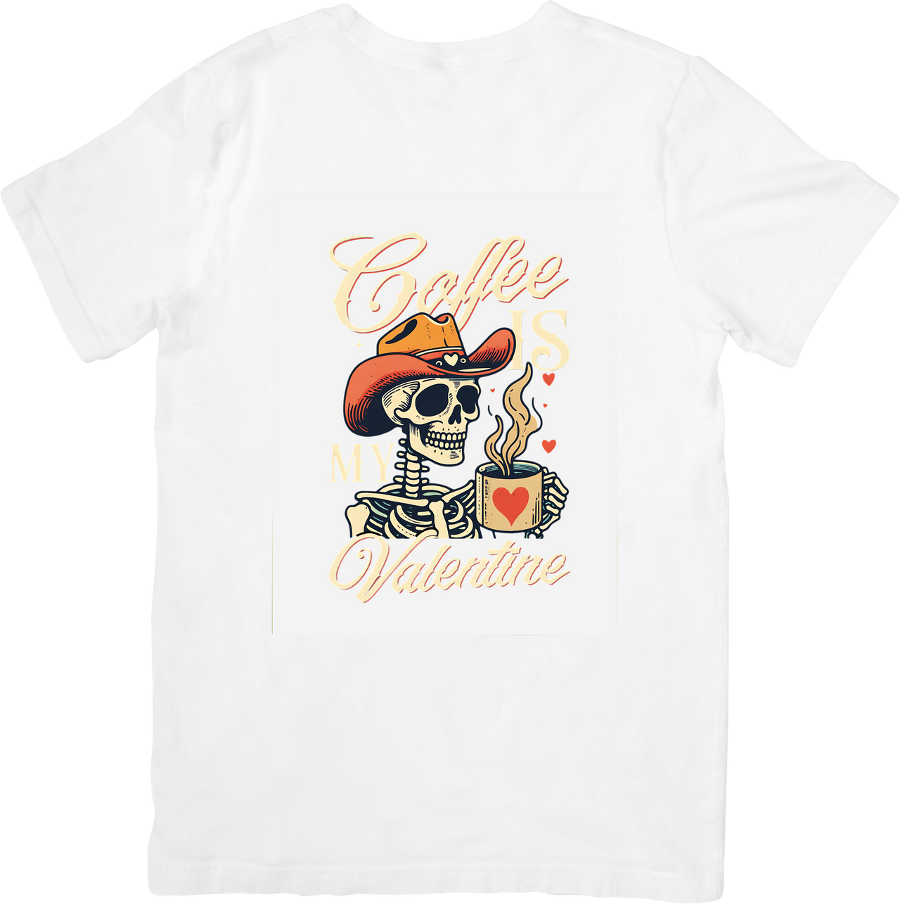 Coffee Is My Valentine Cowboy Skeleton T-Shirt | Funny Retro Valentines Day Graphic Tee | Coffee Lover Gift