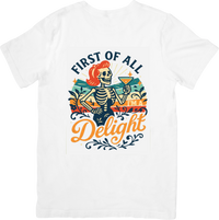 Thumbnail for First Of All Im A Delight Skeleton T-Shirt | Funny Halloween Vintage Humor Graphic Tee | Spooky Gift