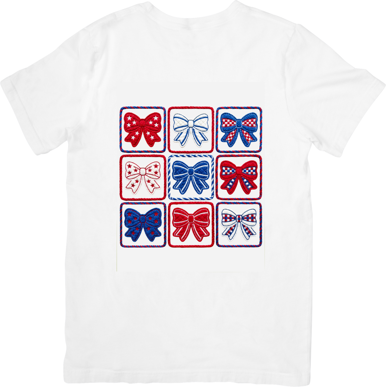 Patriotic Bows Grid T-Shirt | Cute Red White Blue Fourth of July Graphic Tee | Independence Day Gift