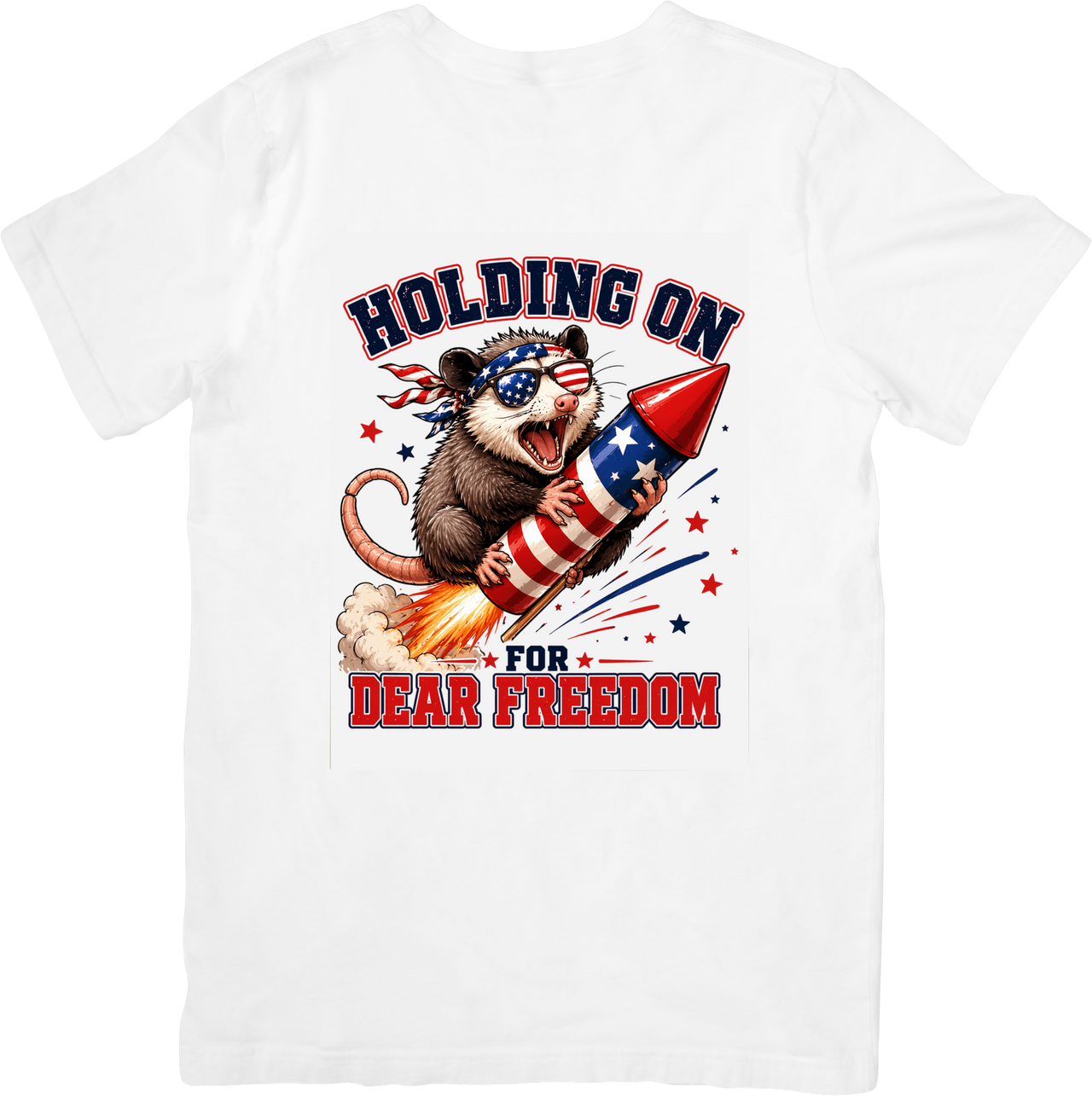 Opossum Holding On For Dear Freedom T-Shirt | Funny Patriotic Fourth of July Graphic Tee | Animal Lover Gift
