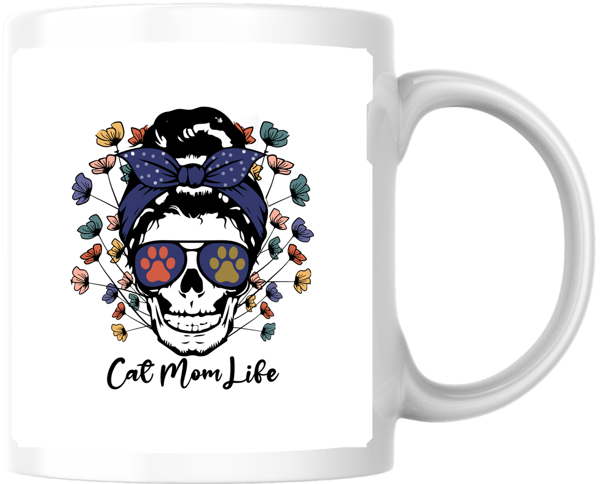 Cat Mom Life Skull Mug | Sugar Skull Bandana Cat Lover Coffee Mug | Cat Mom Gift