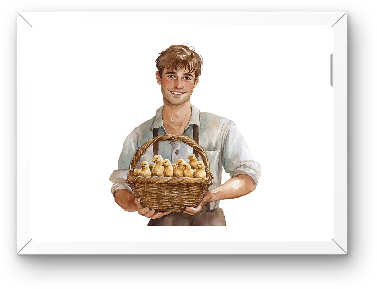 Farmer with Baby Ducks Wall Art | Watercolor Young Man Basket Print | Farmhouse Country Gift