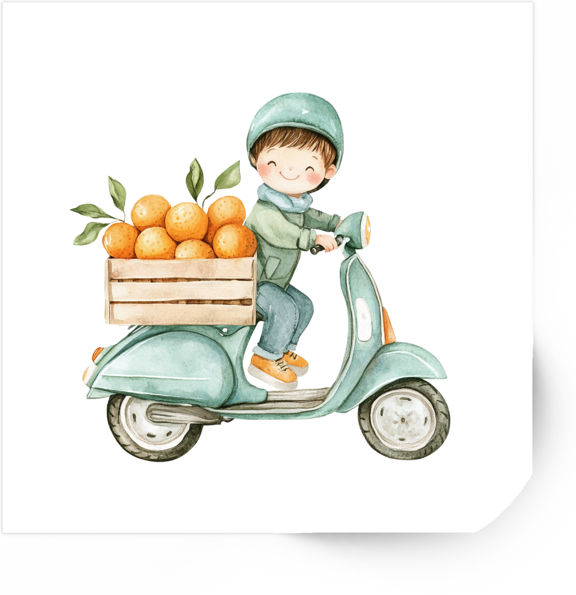 Boy On Scooter With Oranges Sticker | Cute Watercolor Delivery Vinyl Decal | Kids Whimsical Gift