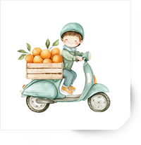 Thumbnail for Boy On Scooter With Oranges Sticker | Cute Watercolor Delivery Vinyl Decal | Kids Whimsical Gift